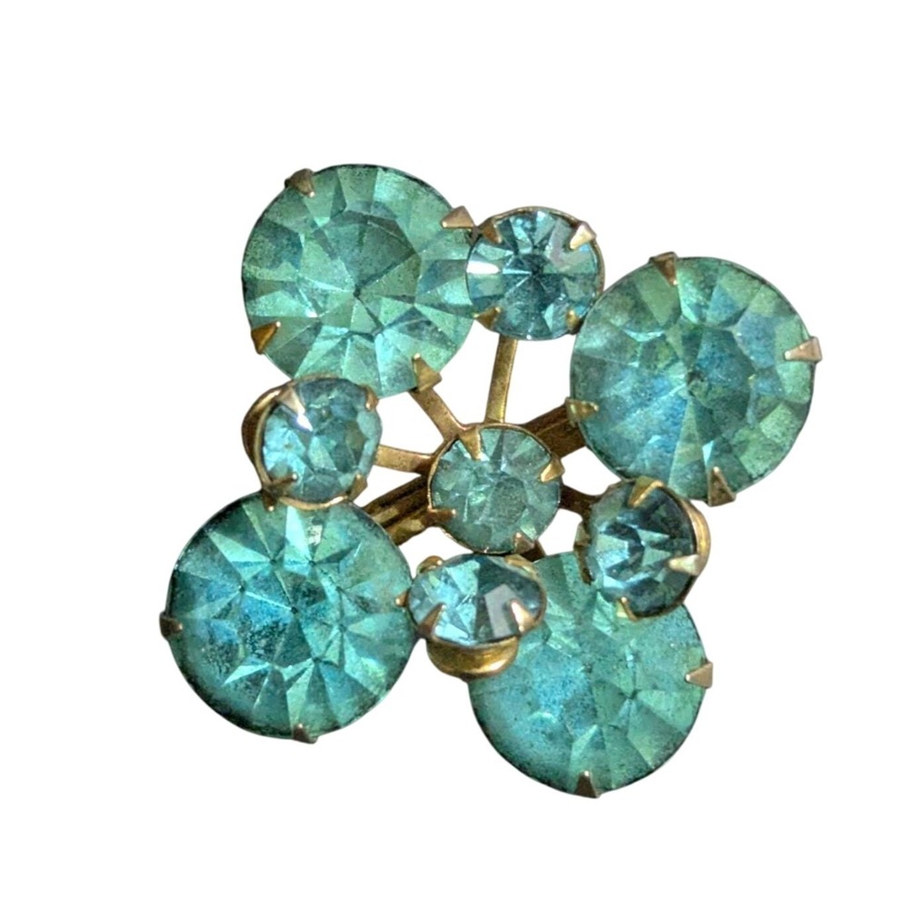 Vintage Aqua Blue Rhinestone Cluster Brooch Gold Tone Round‎ Cut Pin 1.25 Inch